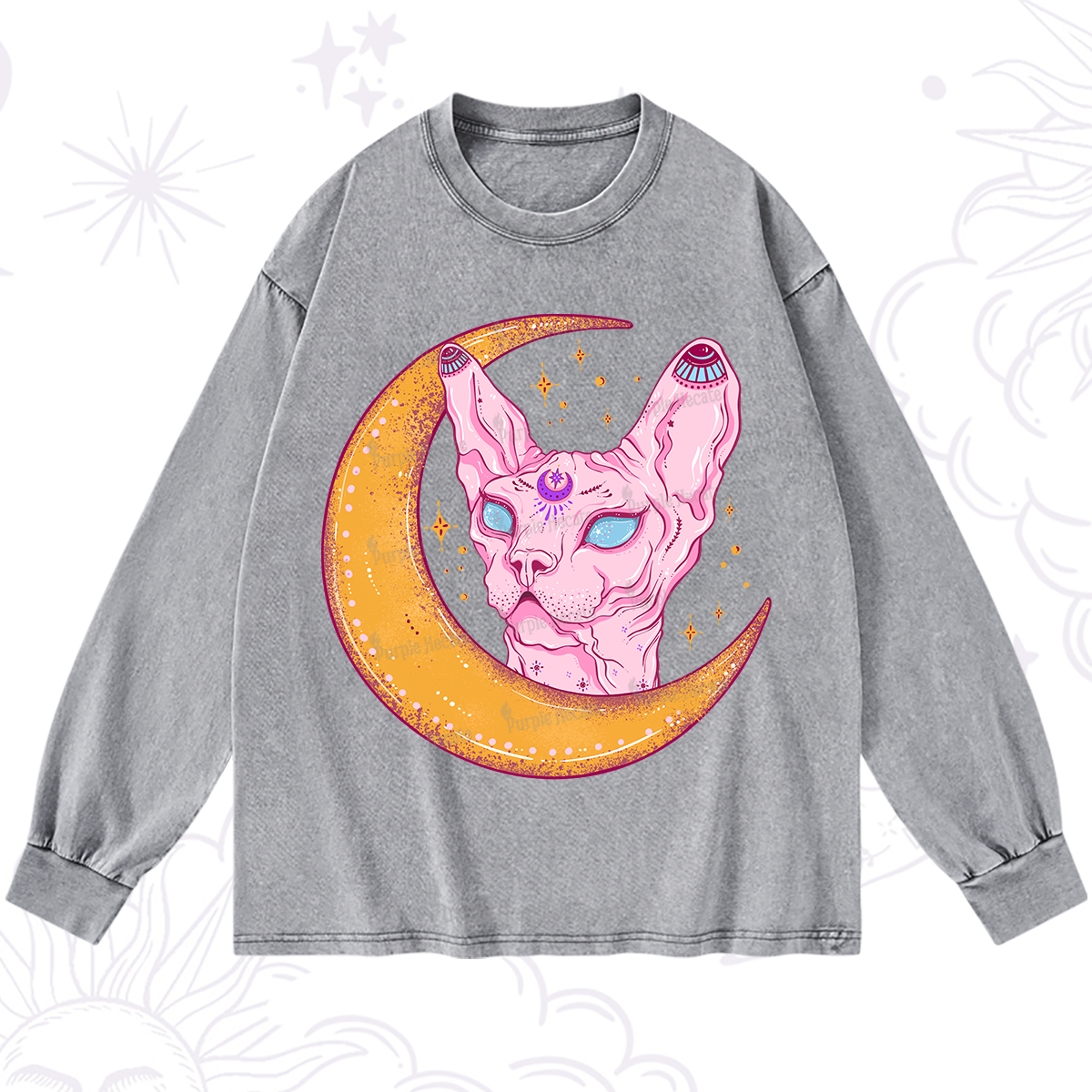 Purplehecate Mystical Witchy Cat Washed Long Sleeve Shirt