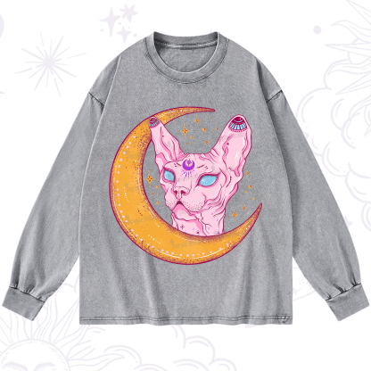 Purplehecate Mystical Witchy Cat Washed Long Sleeve Shirt