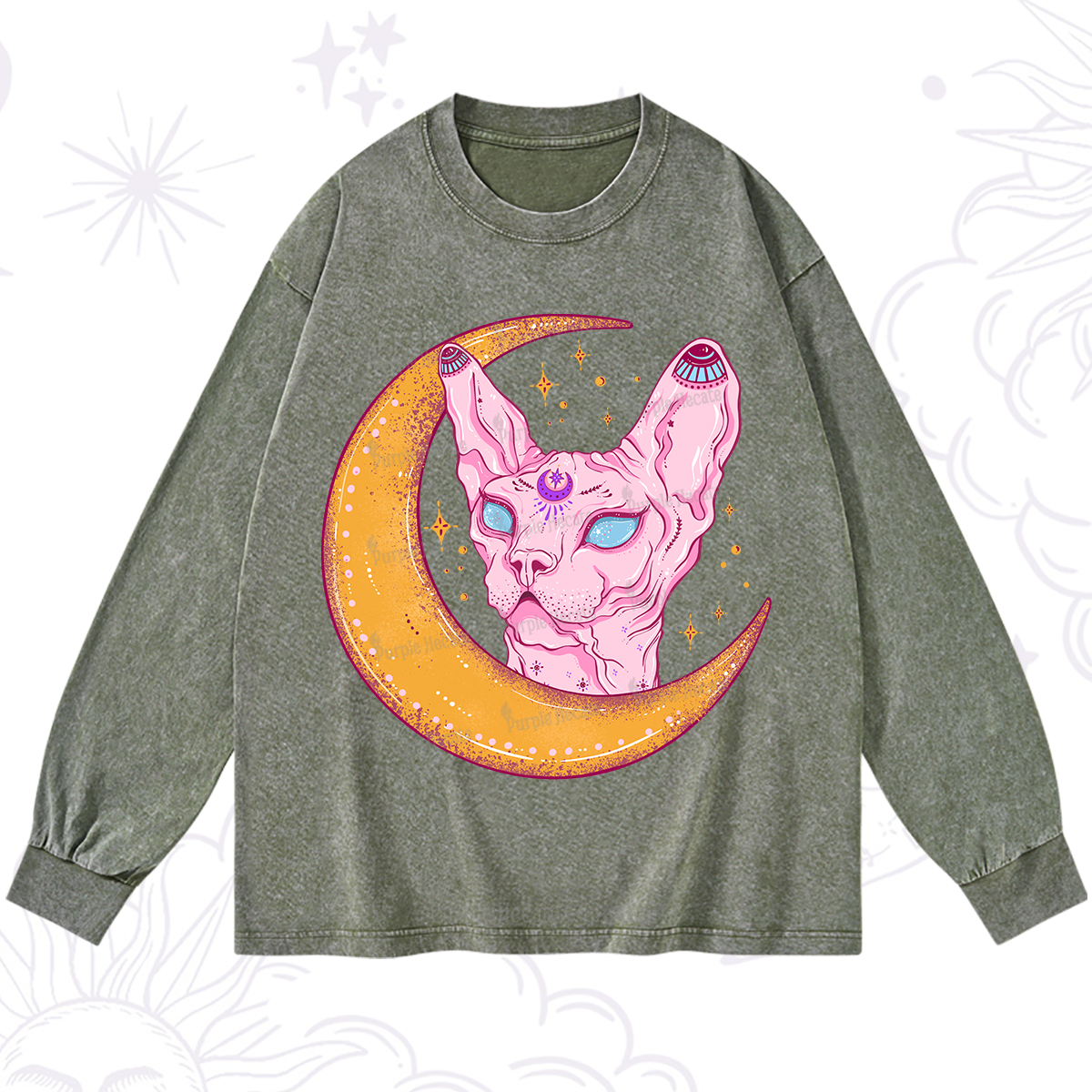 Purplehecate Mystical Witchy Cat Washed Long Sleeve Shirt