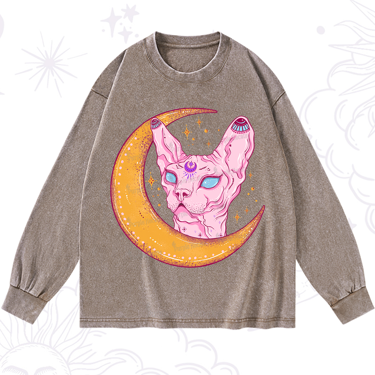 Purplehecate Mystical Witchy Cat Washed Long Sleeve Shirt