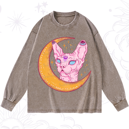 Purplehecate Mystical Witchy Cat Washed Long Sleeve Shirt