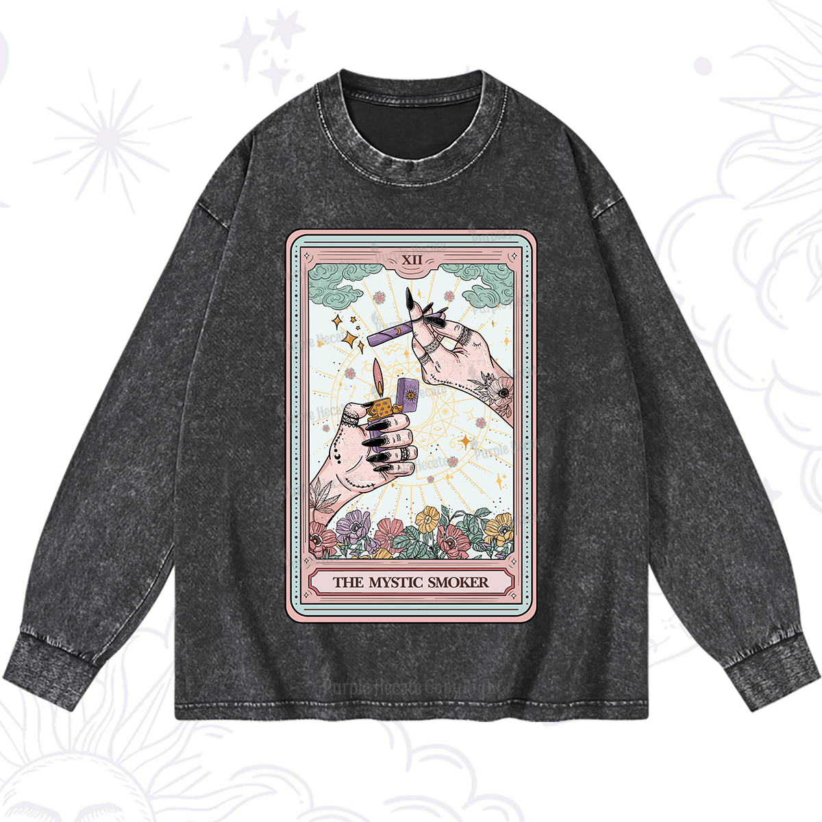 Purplehecate The Mystic Smoker Tarot Card Washed Long Sleeve Shirt