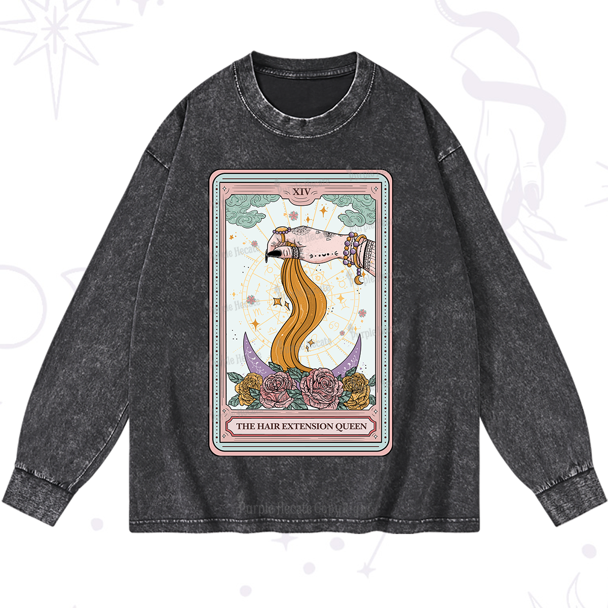 Purplehecate The Hair Extension Queen Tarot Card Washed Long Sleeve Shirt