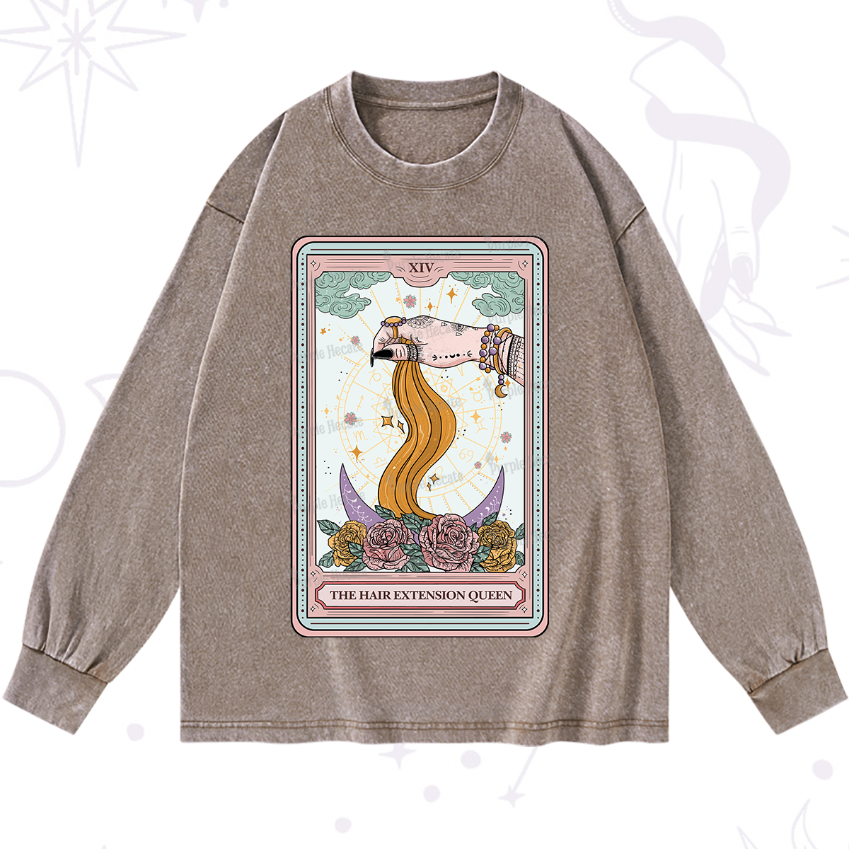 Purplehecate The Hair Extension Queen Tarot Card Washed Long Sleeve Shirt