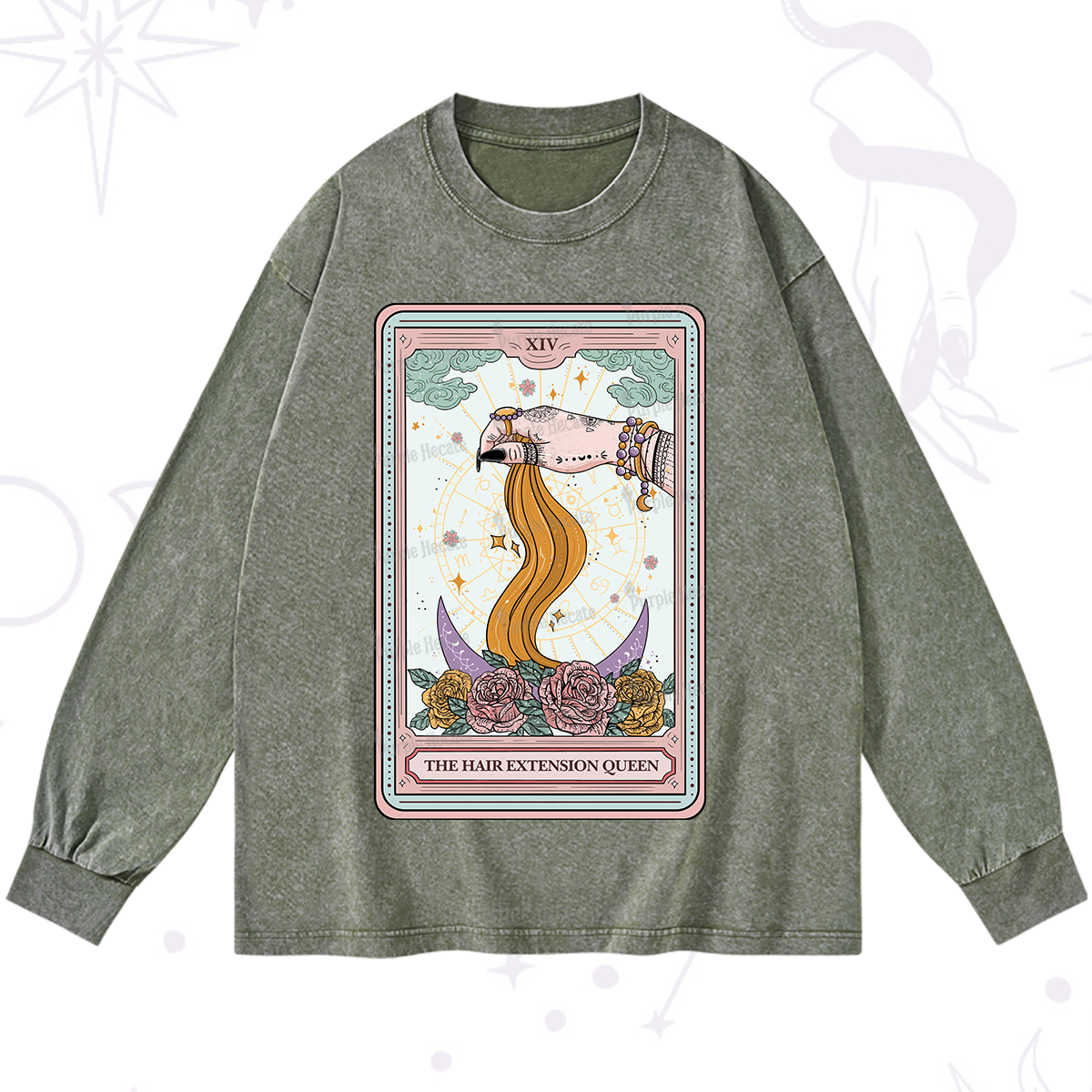 Purplehecate The Hair Extension Queen Tarot Card Washed Long Sleeve Shirt