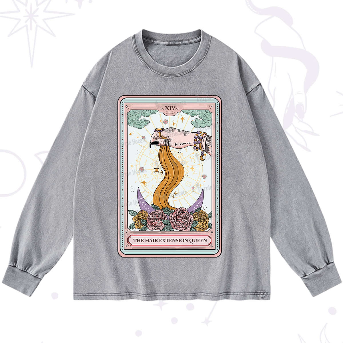 Purplehecate The Hair Extension Queen Tarot Card Washed Long Sleeve Shirt