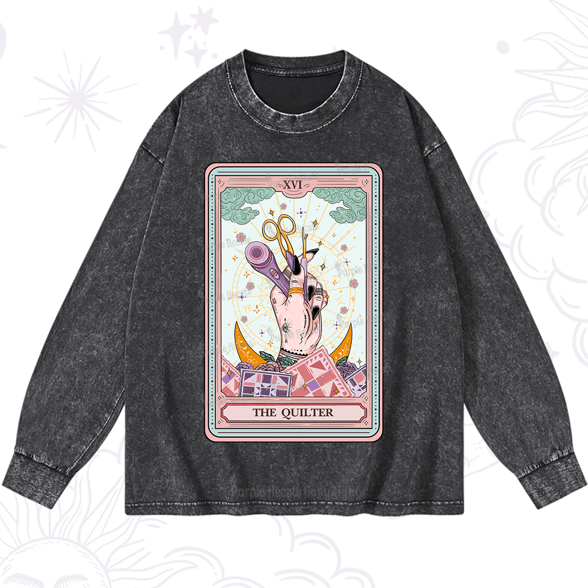 Purplehecate The Quilter Tarot Card Washed Long Sleeve Shirt