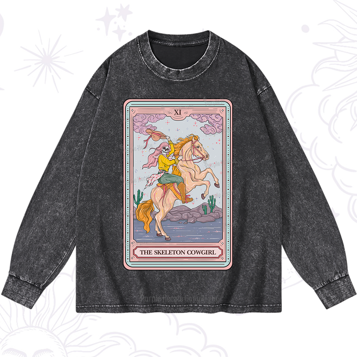 Purplehecate The Skeleton Cowgirl Tarot Card Washed Long Sleeve Shirt