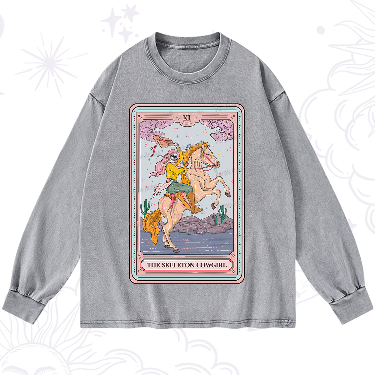Purplehecate The Skeleton Cowgirl Tarot Card Washed Long Sleeve Shirt