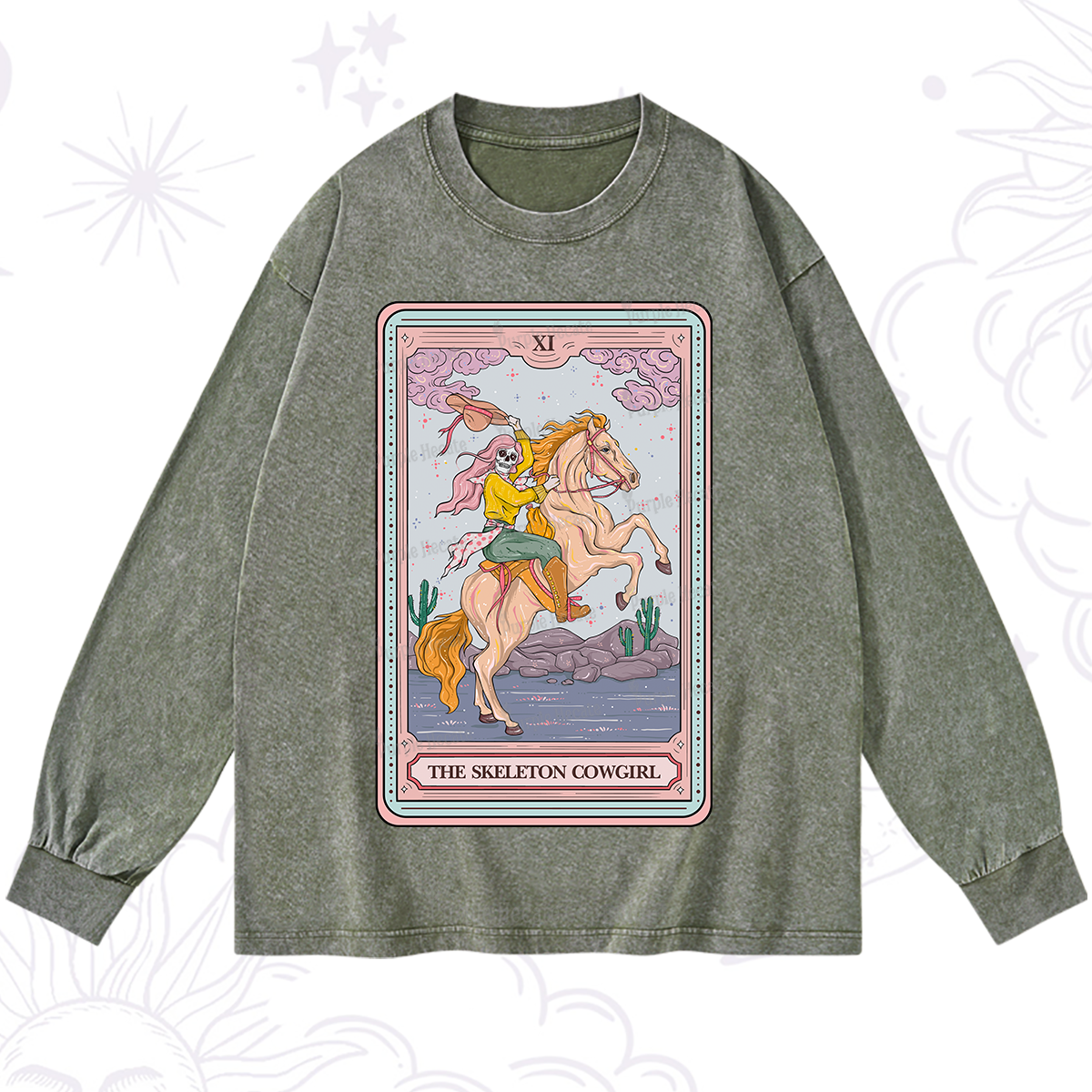 Purplehecate The Skeleton Cowgirl Tarot Card Washed Long Sleeve Shirt