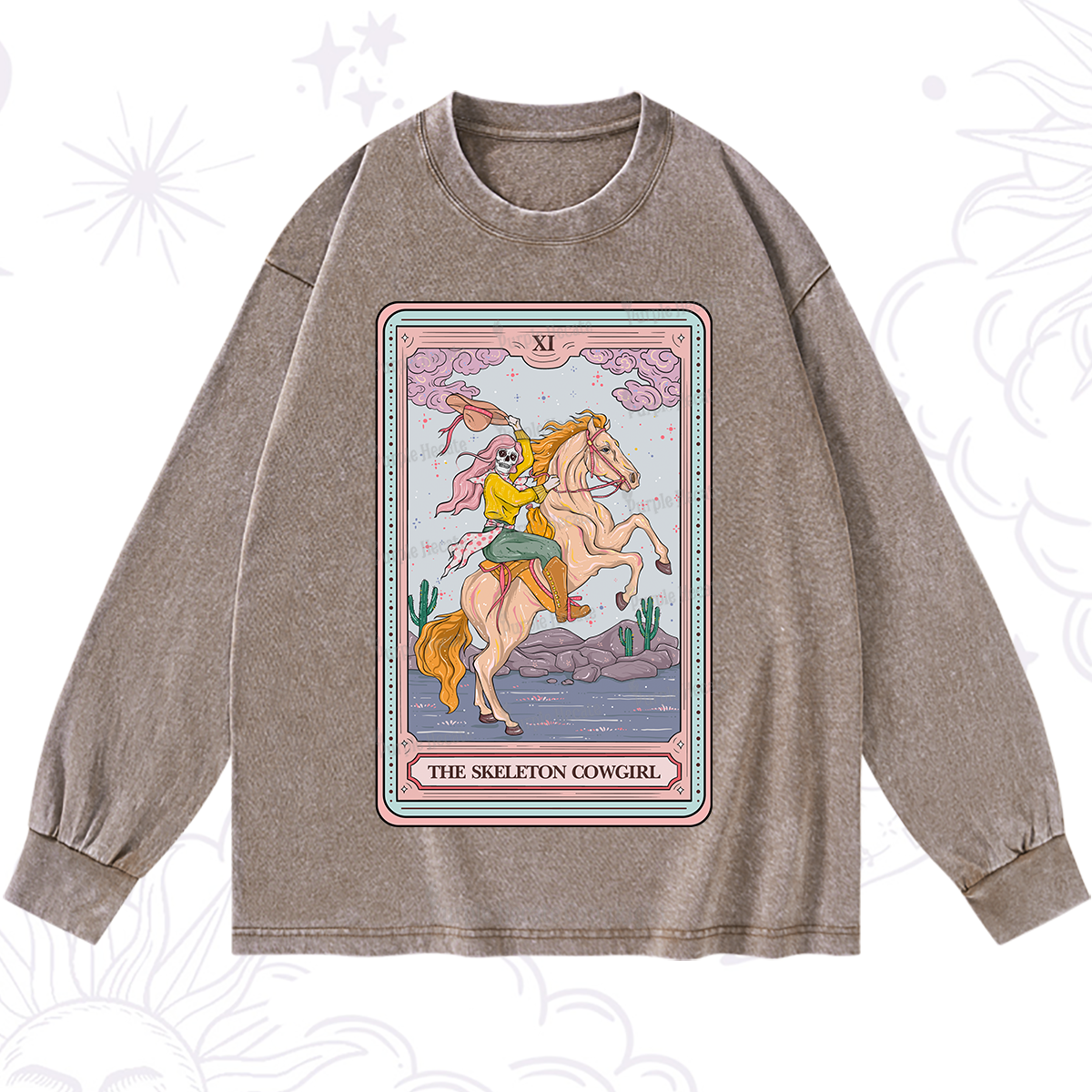 Purplehecate The Skeleton Cowgirl Tarot Card Washed Long Sleeve Shirt