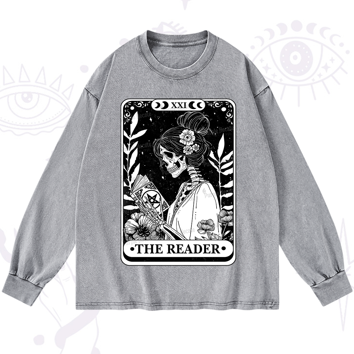 Purplehecate The Reader Skeleton Tarot Washed Long Sleeve Shirt
