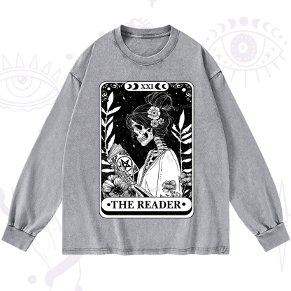 Purplehecate The Reader Skeleton Tarot Washed Long Sleeve Shirt