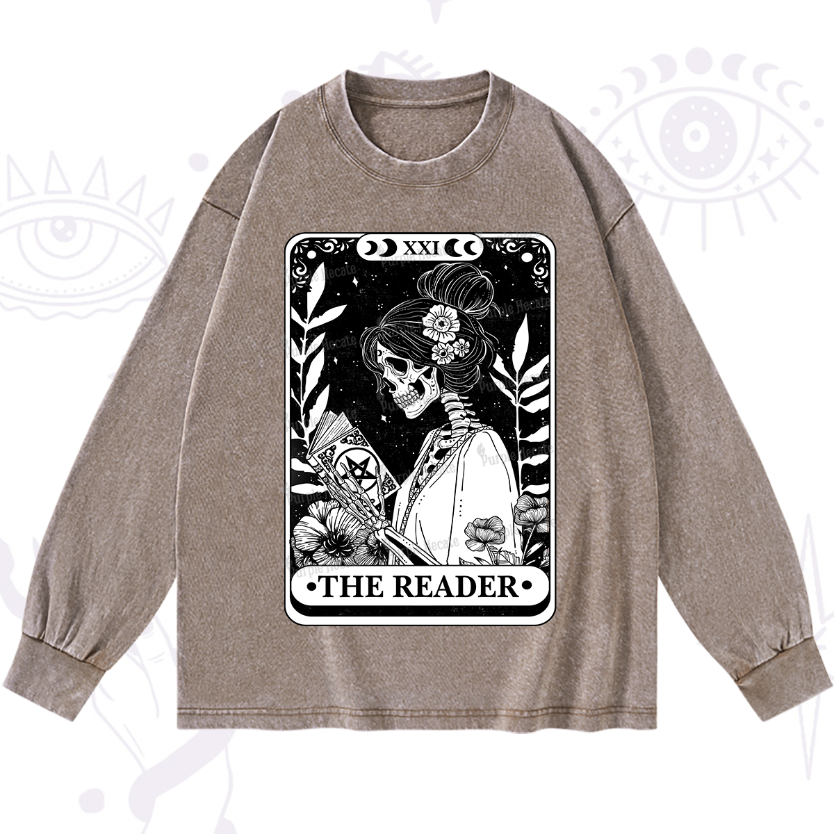Purplehecate The Reader Skeleton Tarot Washed Long Sleeve Shirt