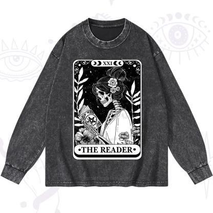 Purplehecate The Reader Skeleton Tarot Washed Long Sleeve Shirt