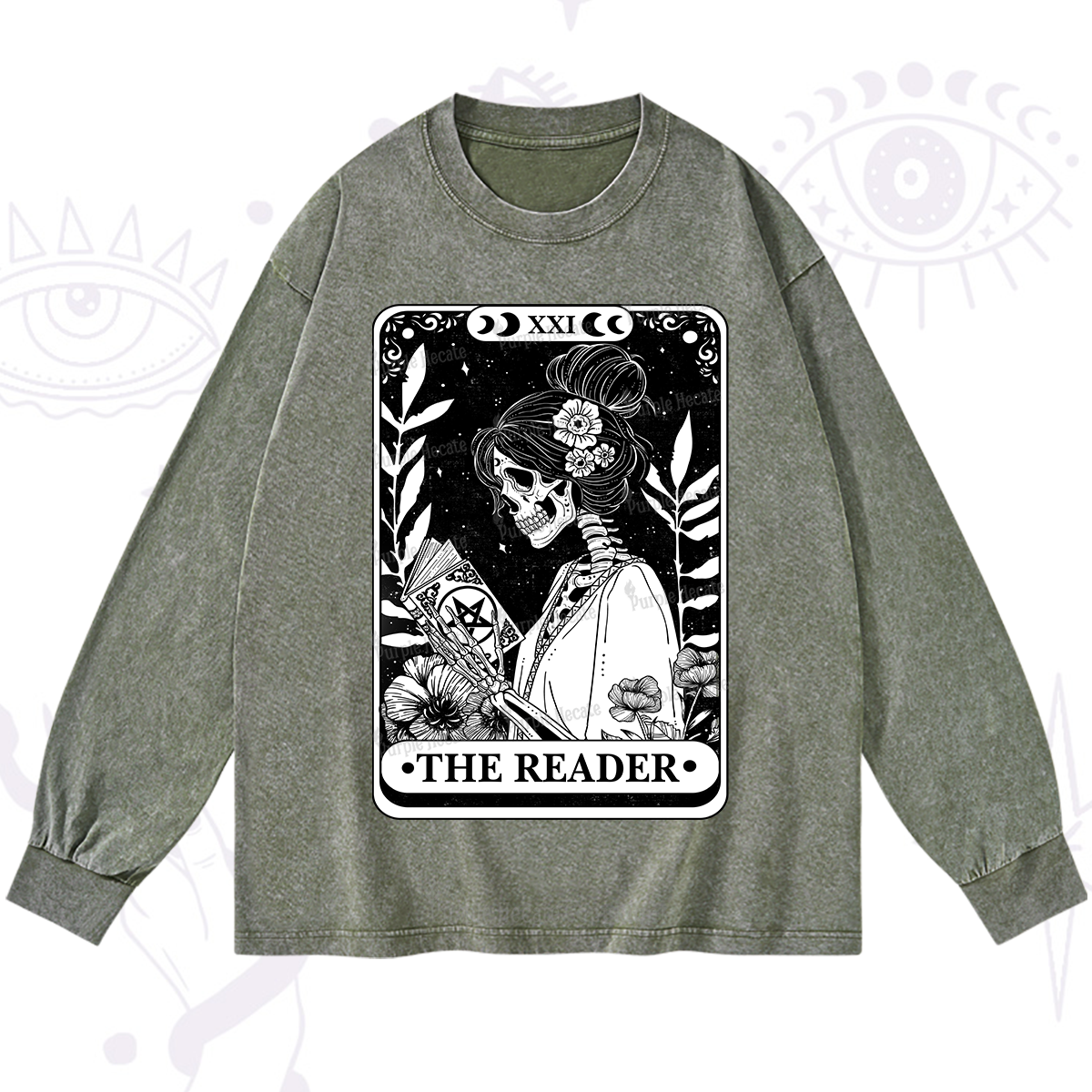 Purplehecate The Reader Skeleton Tarot Washed Long Sleeve Shirt