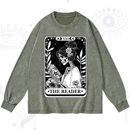 Purplehecate The Reader Skeleton Tarot Washed Long Sleeve Shirt