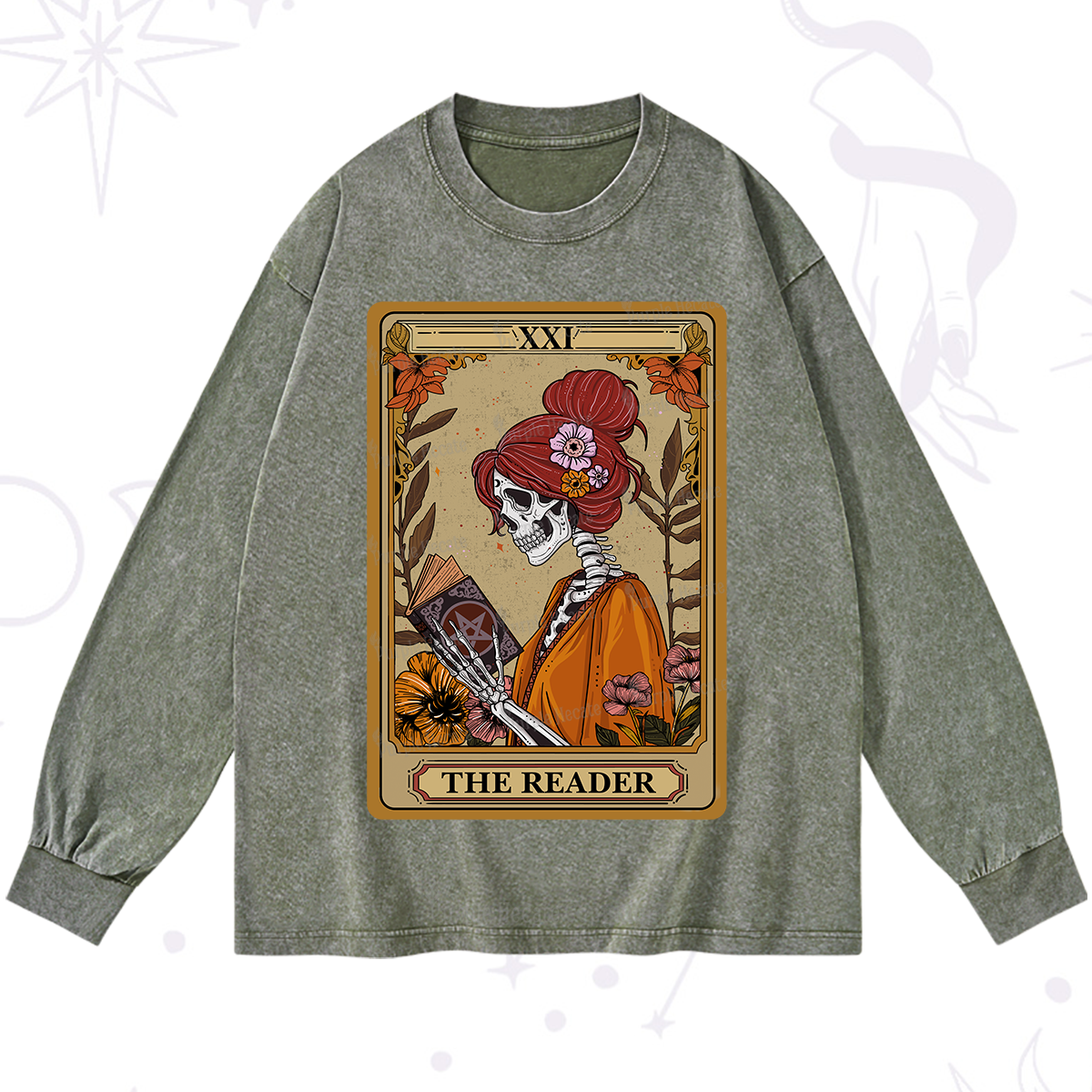 Purplehecate The Reader Tarot Card Skeleton Washed Long Sleeve Shirt