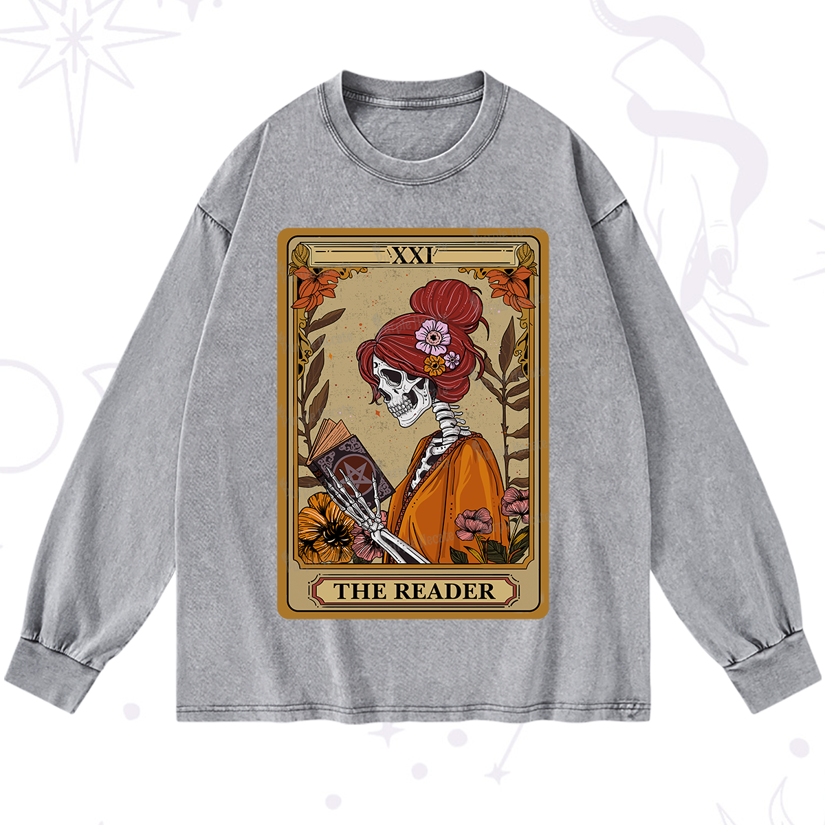 Purplehecate The Reader Tarot Card Skeleton Washed Long Sleeve Shirt