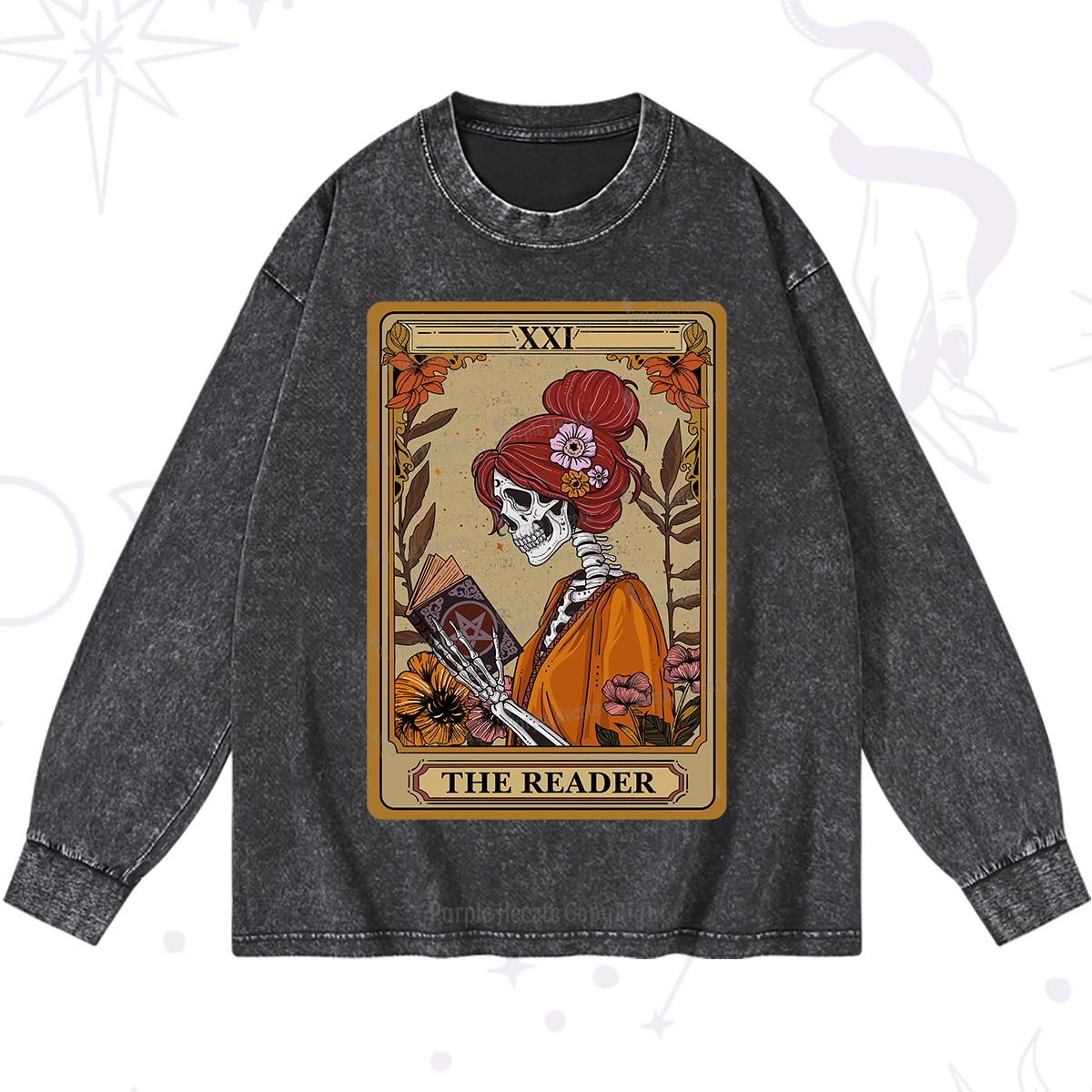 Purplehecate The Reader Tarot Card Skeleton Washed Long Sleeve Shirt