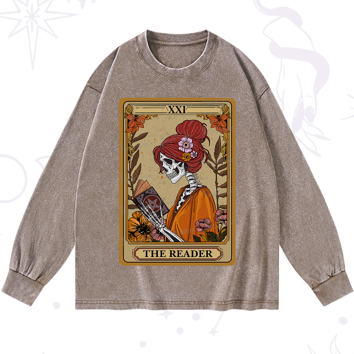 Purplehecate The Reader Tarot Card Skeleton Washed Long Sleeve Shirt