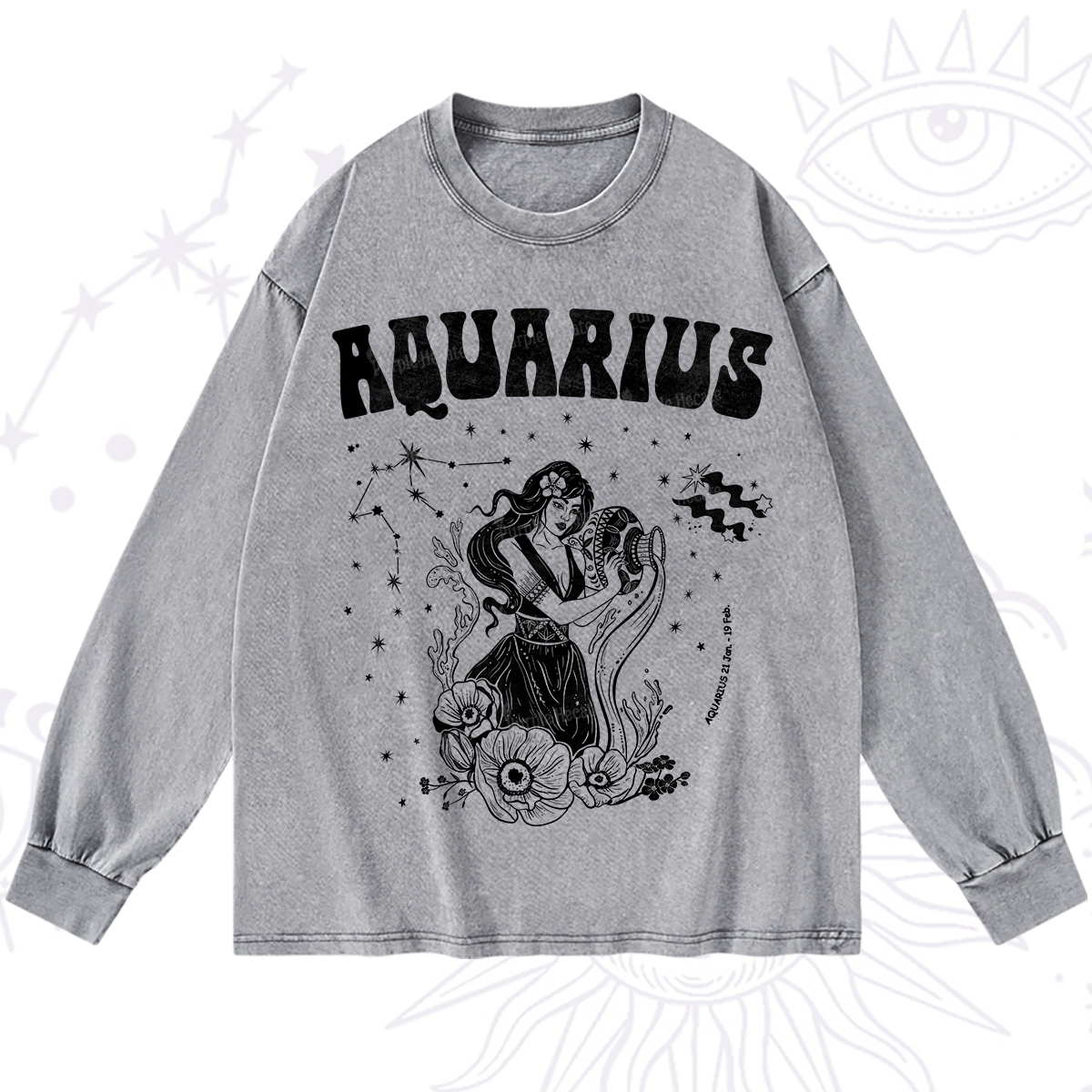 Purplehecate Aquarius Zodiac Glyphs Washed Long Sleeve Shirt