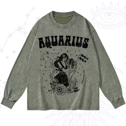 Purplehecate Aquarius Zodiac Glyphs Washed Long Sleeve Shirt