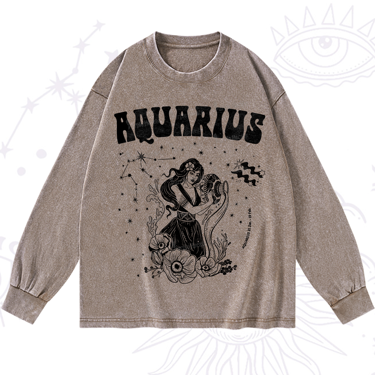 Purplehecate Aquarius Zodiac Glyphs Washed Long Sleeve Shirt