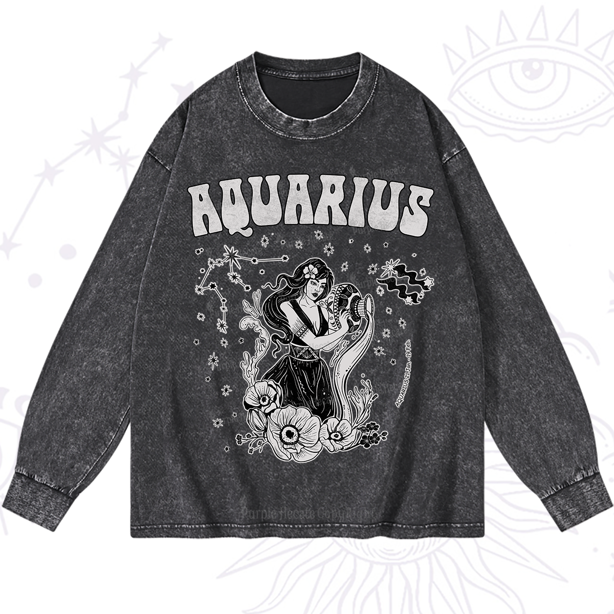 Purplehecate Aquarius Zodiac Glyphs Washed Long Sleeve Shirt