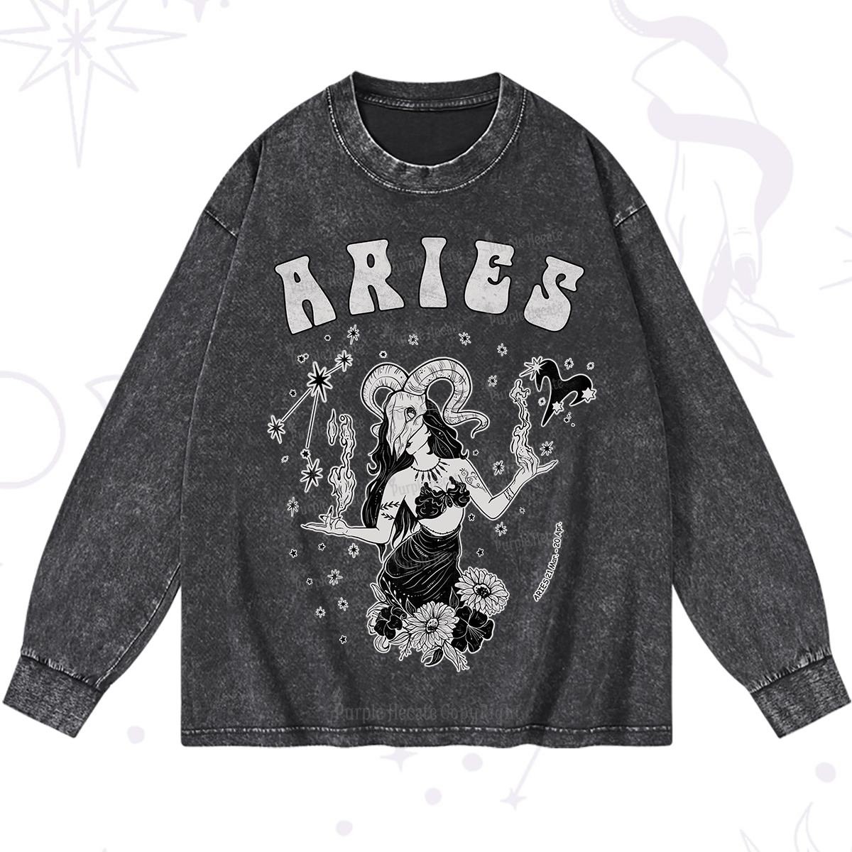 Purplehecate Aries Zodiac Glyphs Washed Long Sleeve Shirt