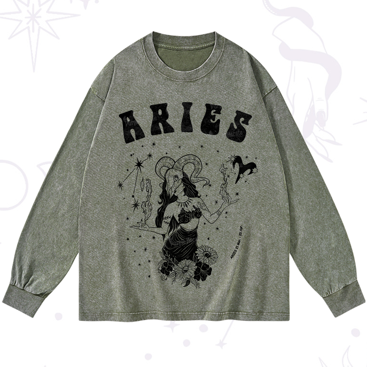 Purplehecate Aries Zodiac Glyphs Washed Long Sleeve Shirt