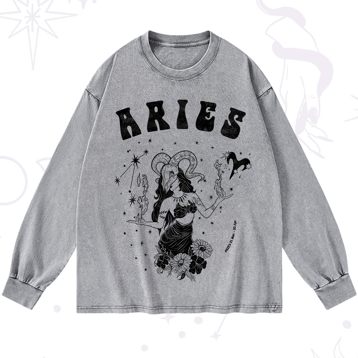 Purplehecate Aries Zodiac Glyphs Washed Long Sleeve Shirt