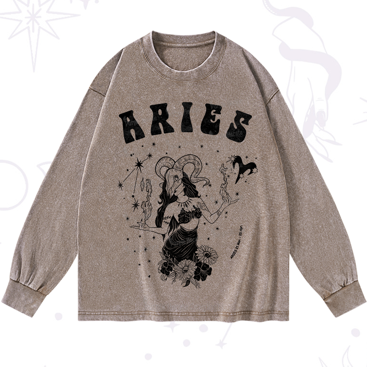 Purplehecate Aries Zodiac Glyphs Washed Long Sleeve Shirt