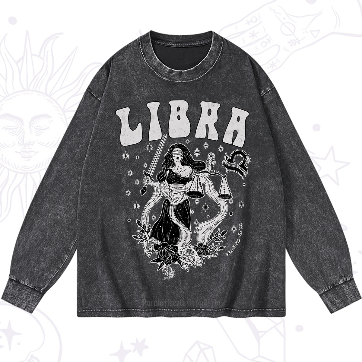 Purplehecate Libra Zodiac Glyphs Washed Long Sleeve Shirt