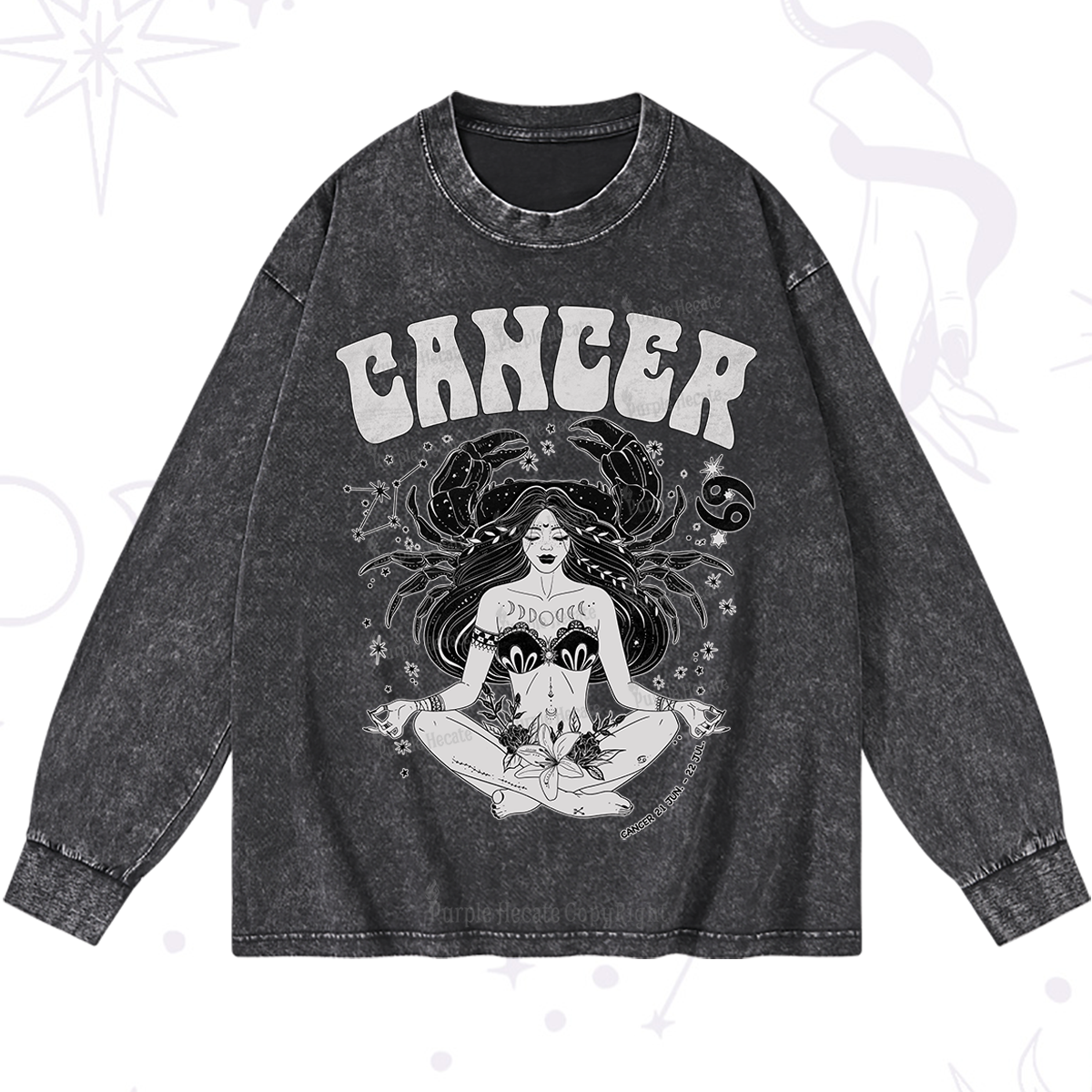 Purplehecate Cancer Zodiac Glyphs Washed Long Sleeve Shirt