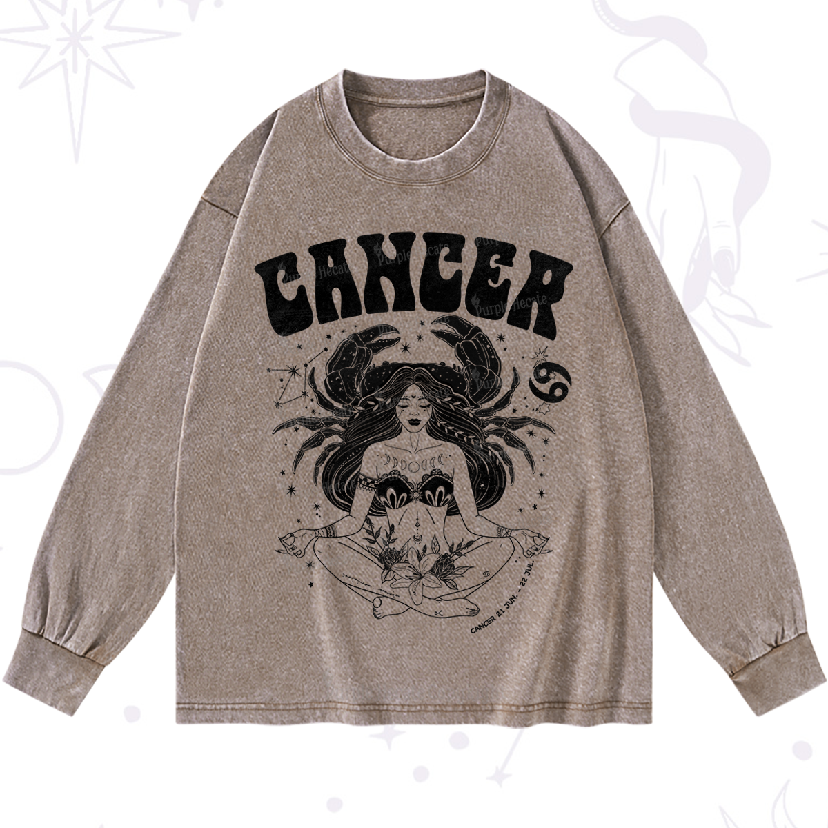 Purplehecate Cancer Zodiac Glyphs Washed Long Sleeve Shirt