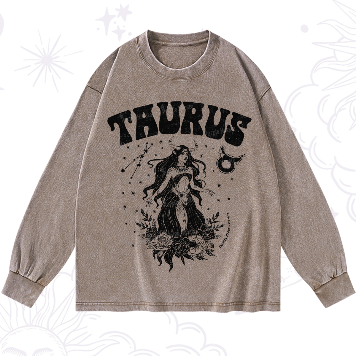 Purplehecate Taurus Zodiac Glyphs Washed Long Sleeve Shirt
