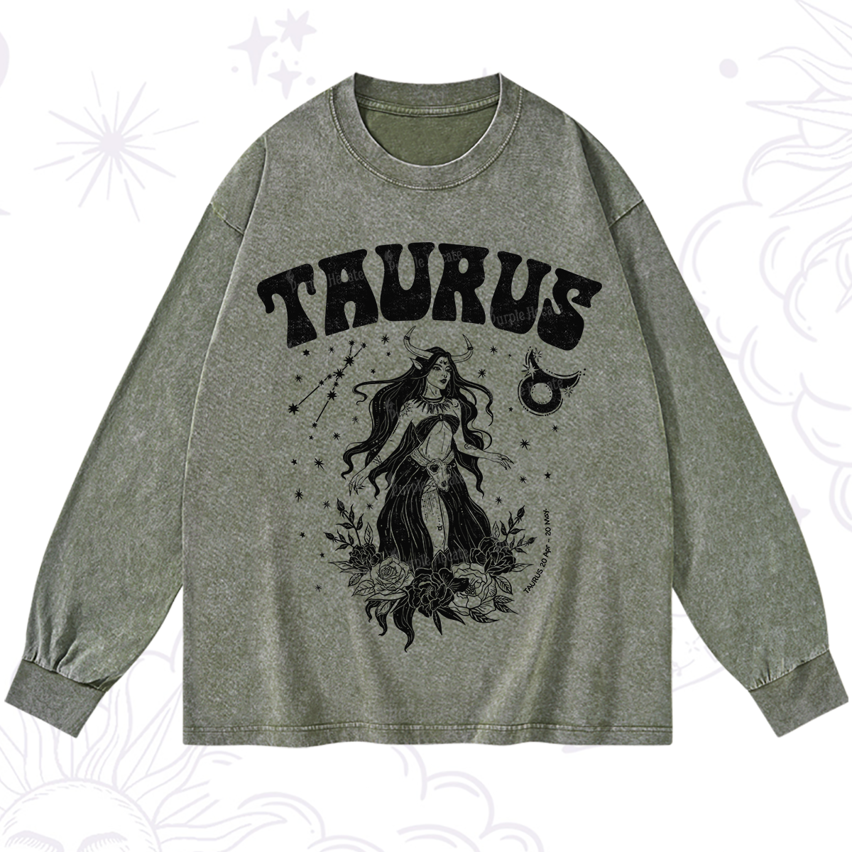 Purplehecate Taurus Zodiac Glyphs Washed Long Sleeve Shirt