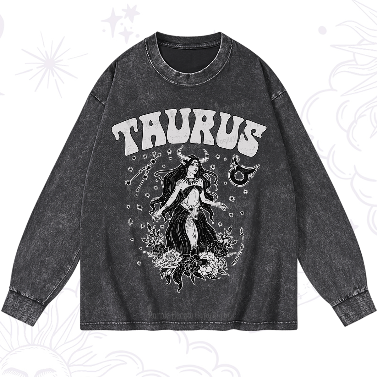 Purplehecate Taurus Zodiac Glyphs Washed Long Sleeve Shirt
