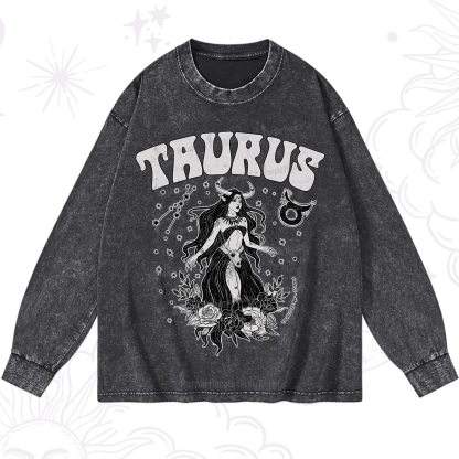 Purplehecate Taurus Zodiac Glyphs Washed Long Sleeve Shirt