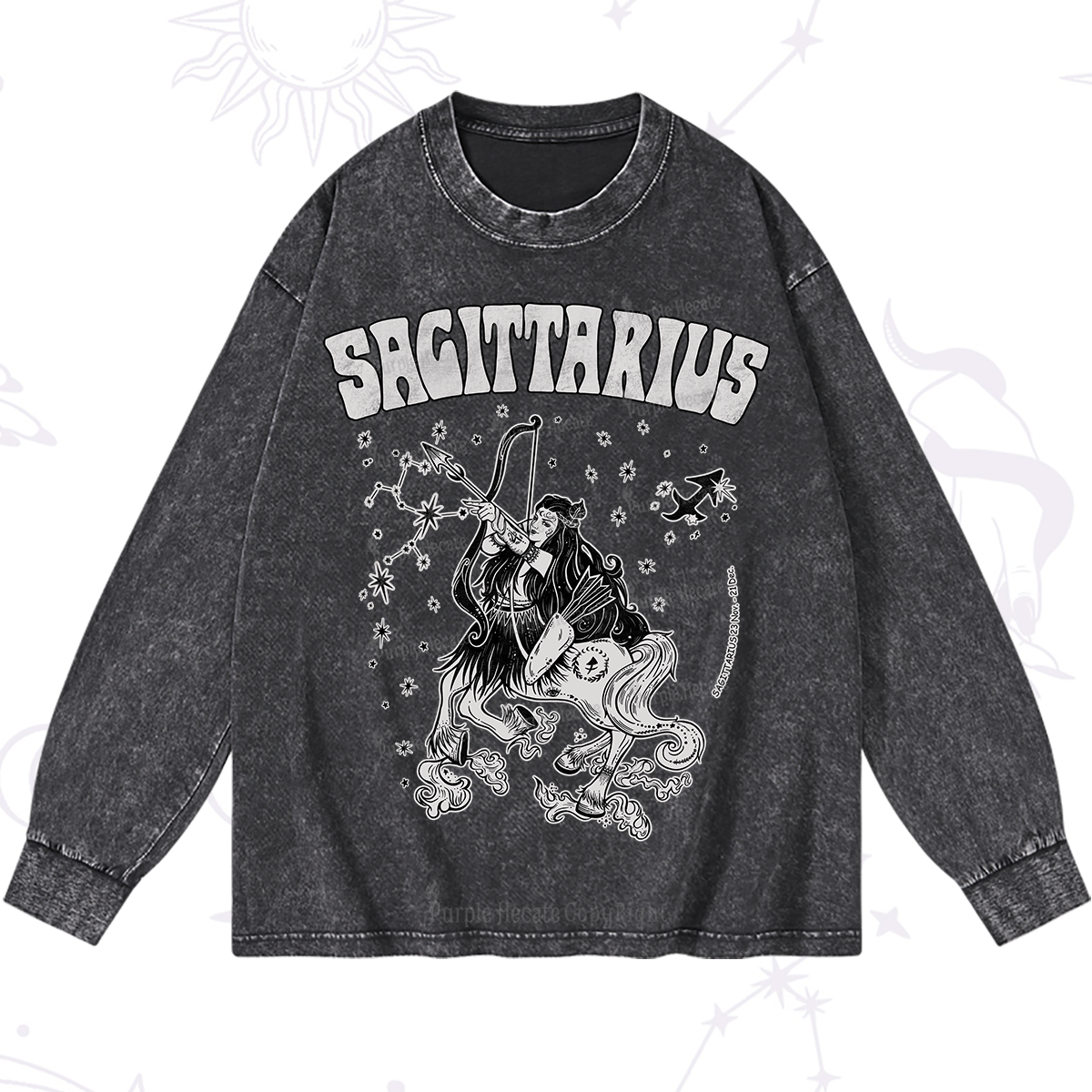 Purplehecate Sagittarius Zodiac Glyphs Washed Long Sleeve Shirt
