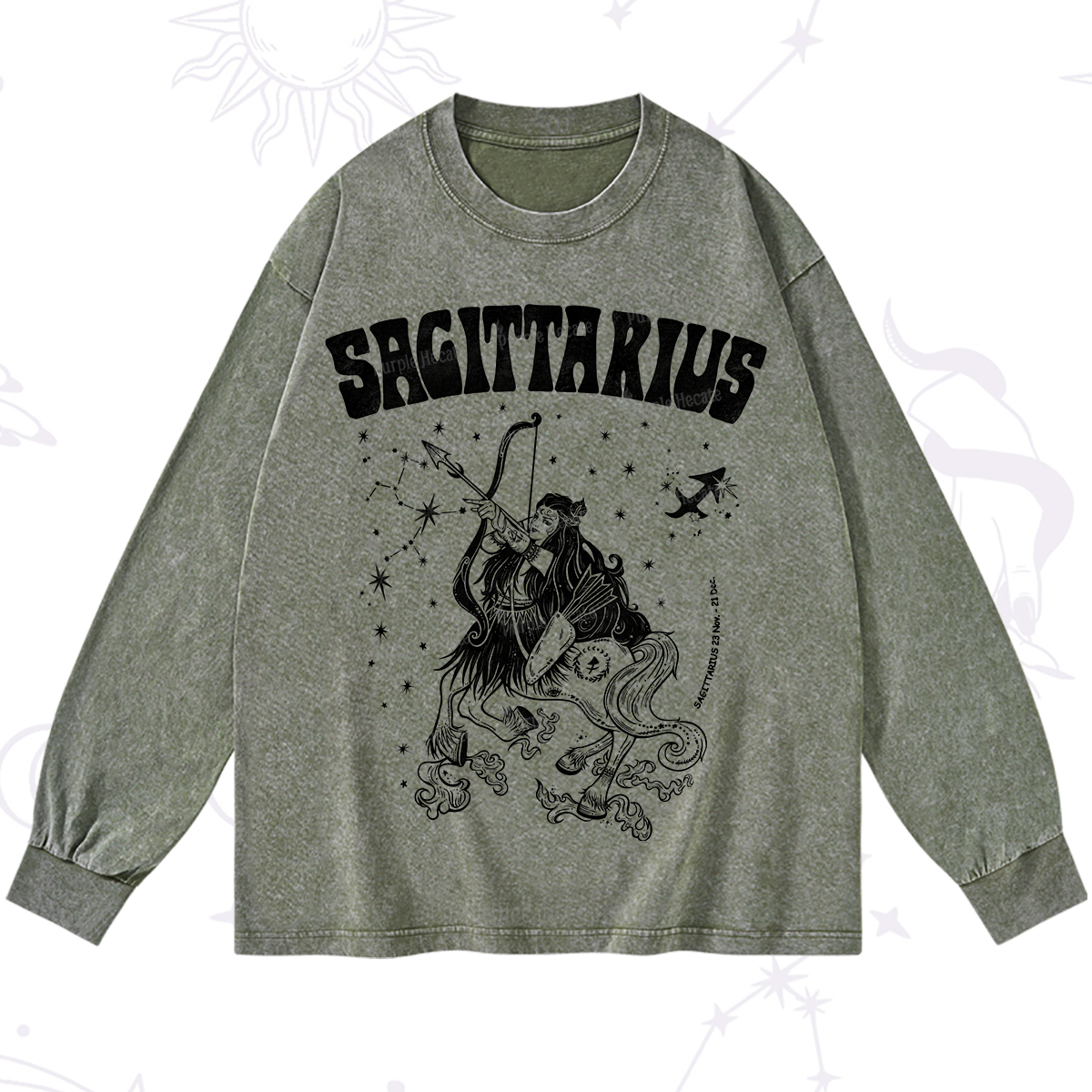 Purplehecate Sagittarius Zodiac Glyphs Washed Long Sleeve Shirt