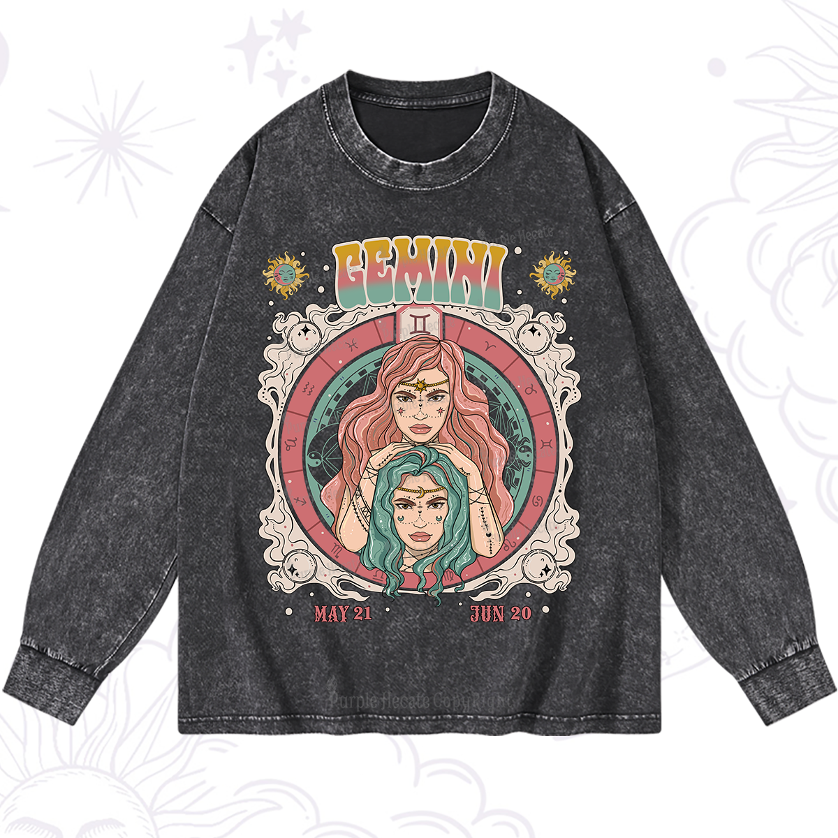 Purplehecate Gemini Cosmic Zodiac Washed Long Sleeve Shirt