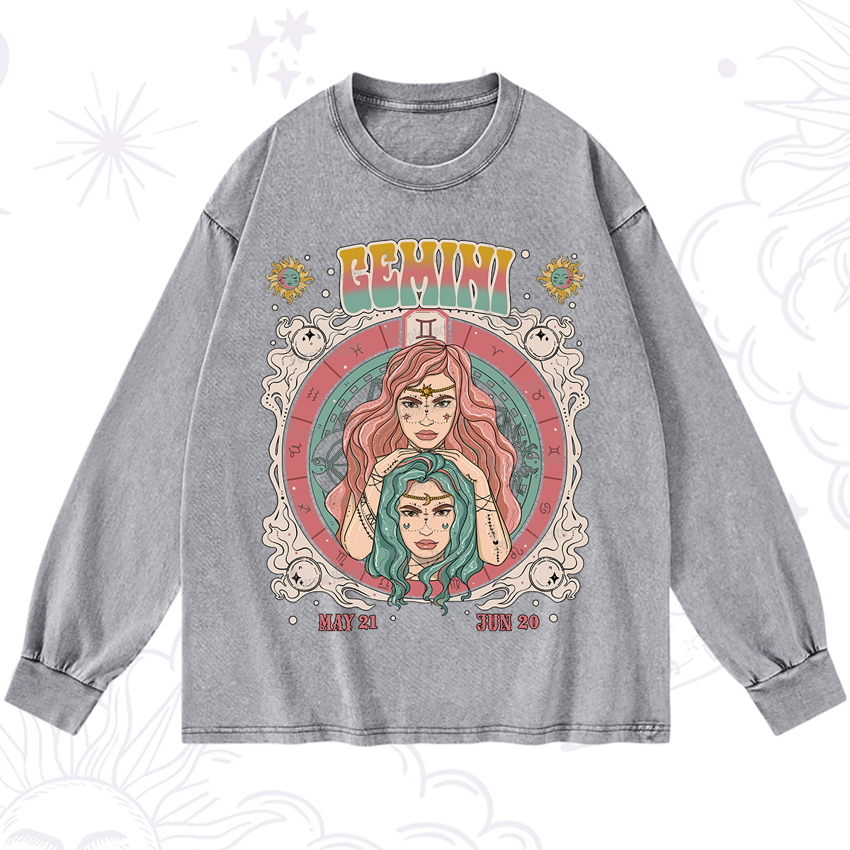 Purplehecate Gemini Cosmic Zodiac Washed Long Sleeve Shirt