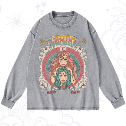 Purplehecate Gemini Cosmic Zodiac Washed Long Sleeve Shirt