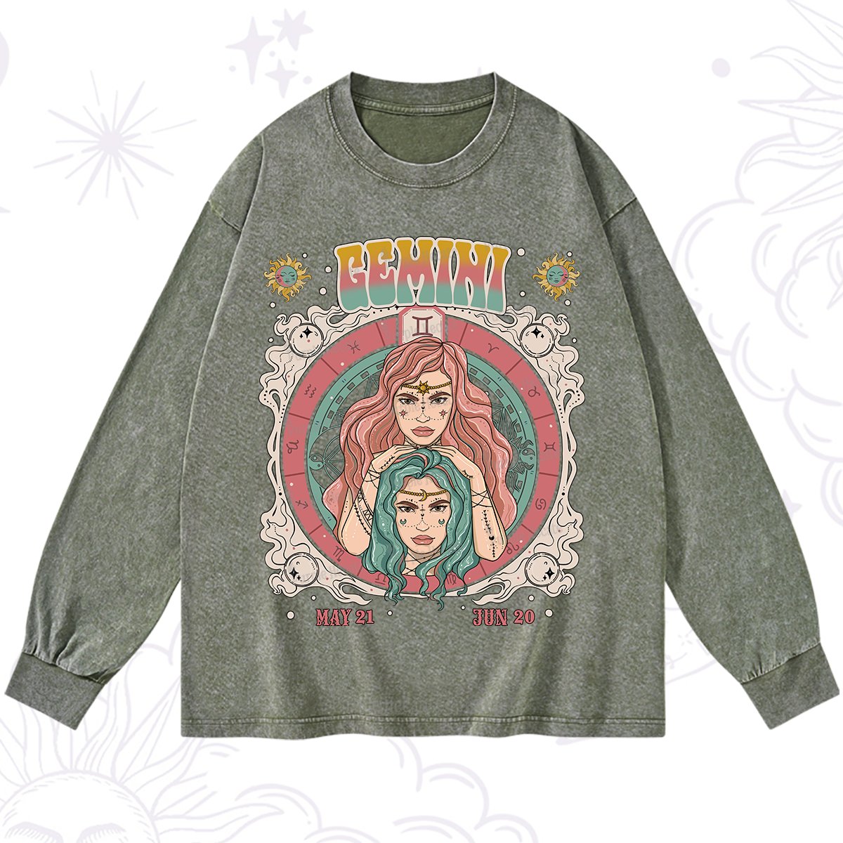 Purplehecate Gemini Cosmic Zodiac Washed Long Sleeve Shirt