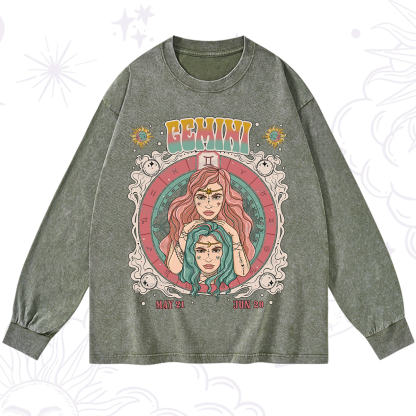 Purplehecate Gemini Cosmic Zodiac Washed Long Sleeve Shirt