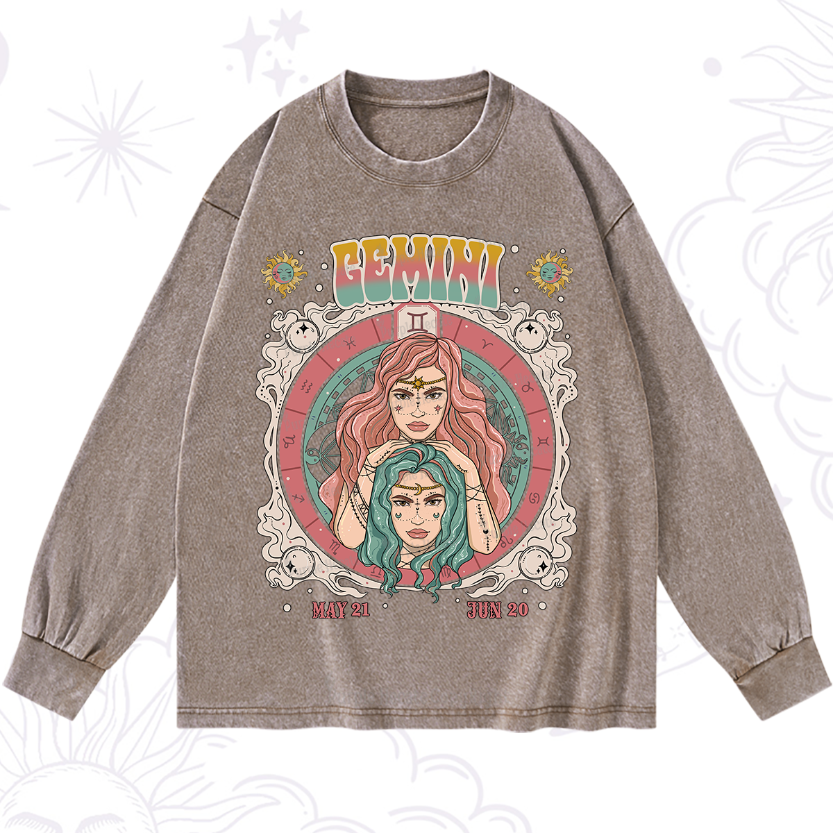 Purplehecate Gemini Cosmic Zodiac Washed Long Sleeve Shirt