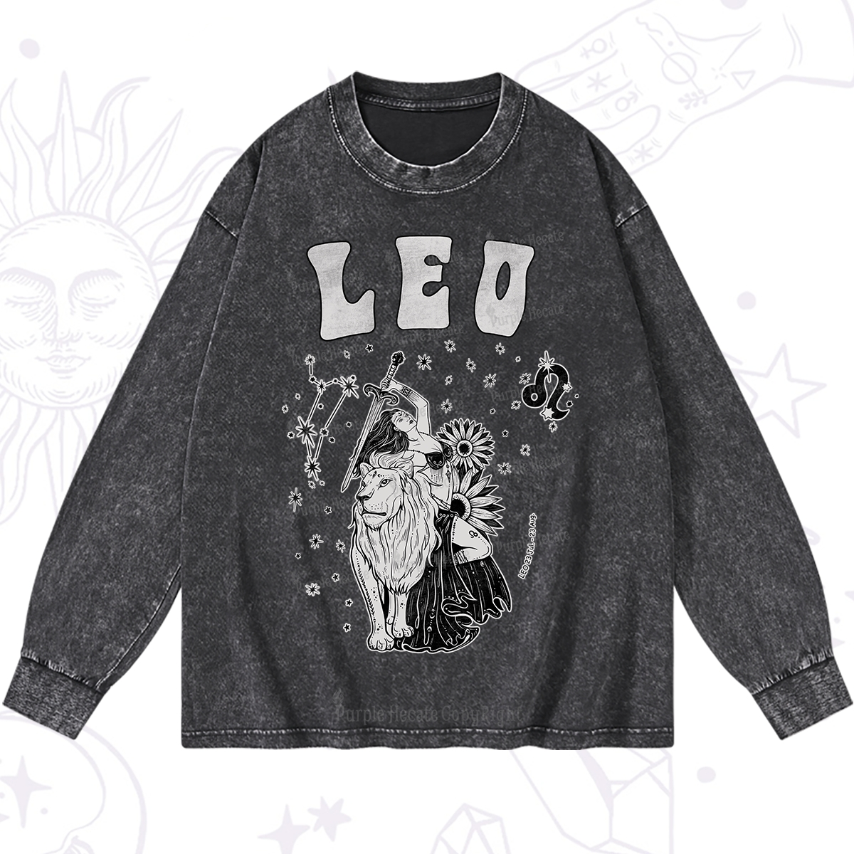 Purplehecate Leo Zodiac Glyphs  Washed Long Sleeve Shirt