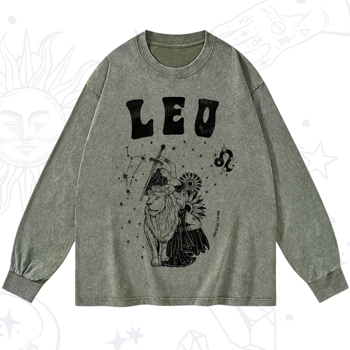 Purplehecate Leo Zodiac Glyphs  Washed Long Sleeve Shirt